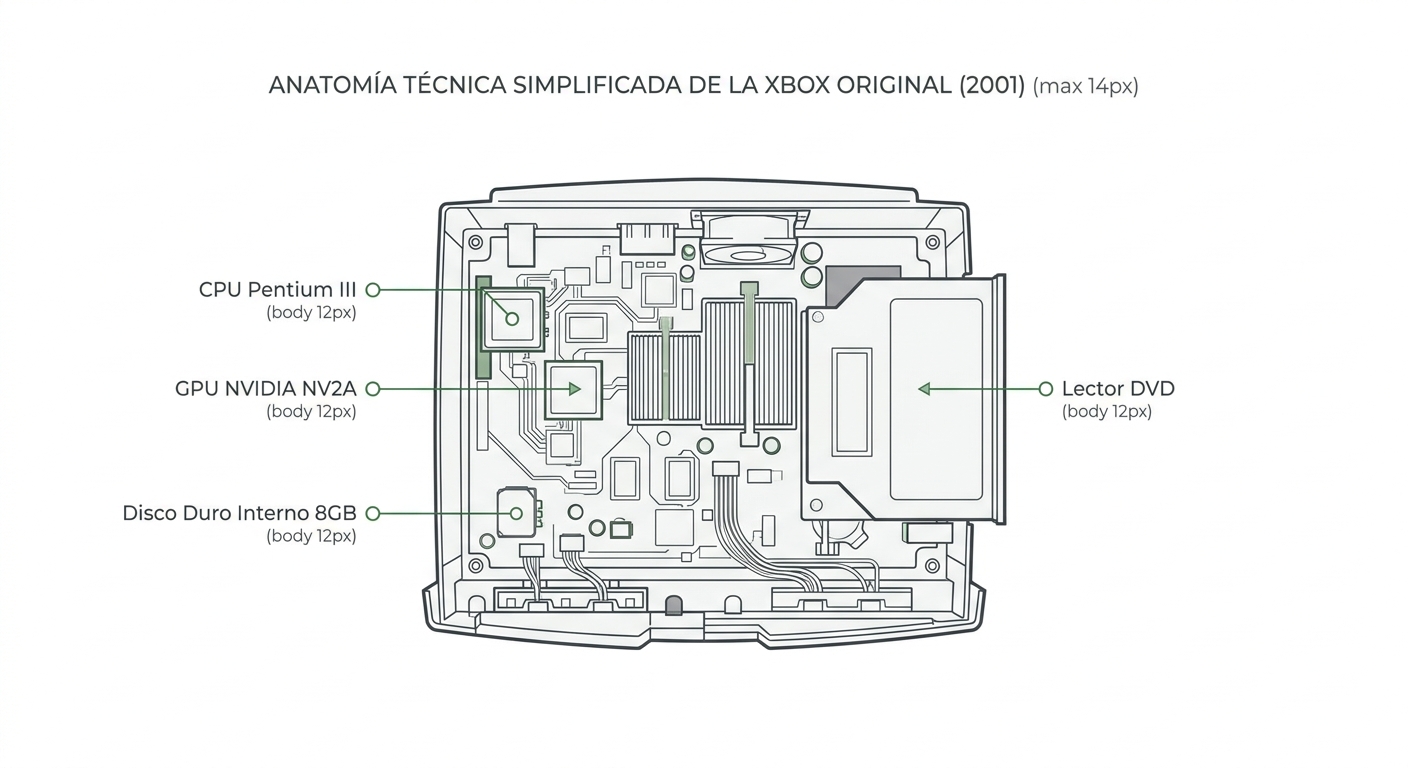 Diagrama técnico de los componentes internos de la Xbox original de 2001