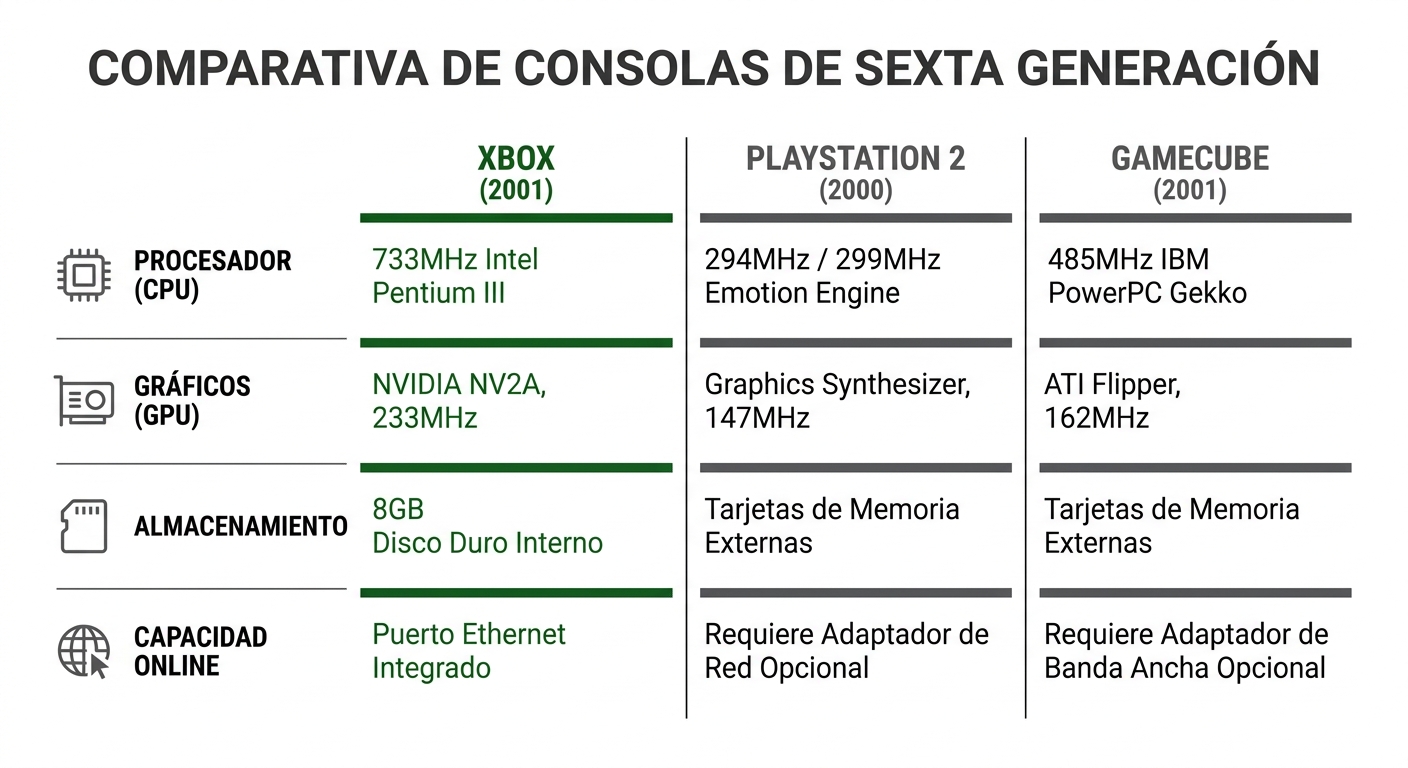Infografía comparativa de Xbox, PlayStation 2 y GameCube con especificaciones técnicas clave