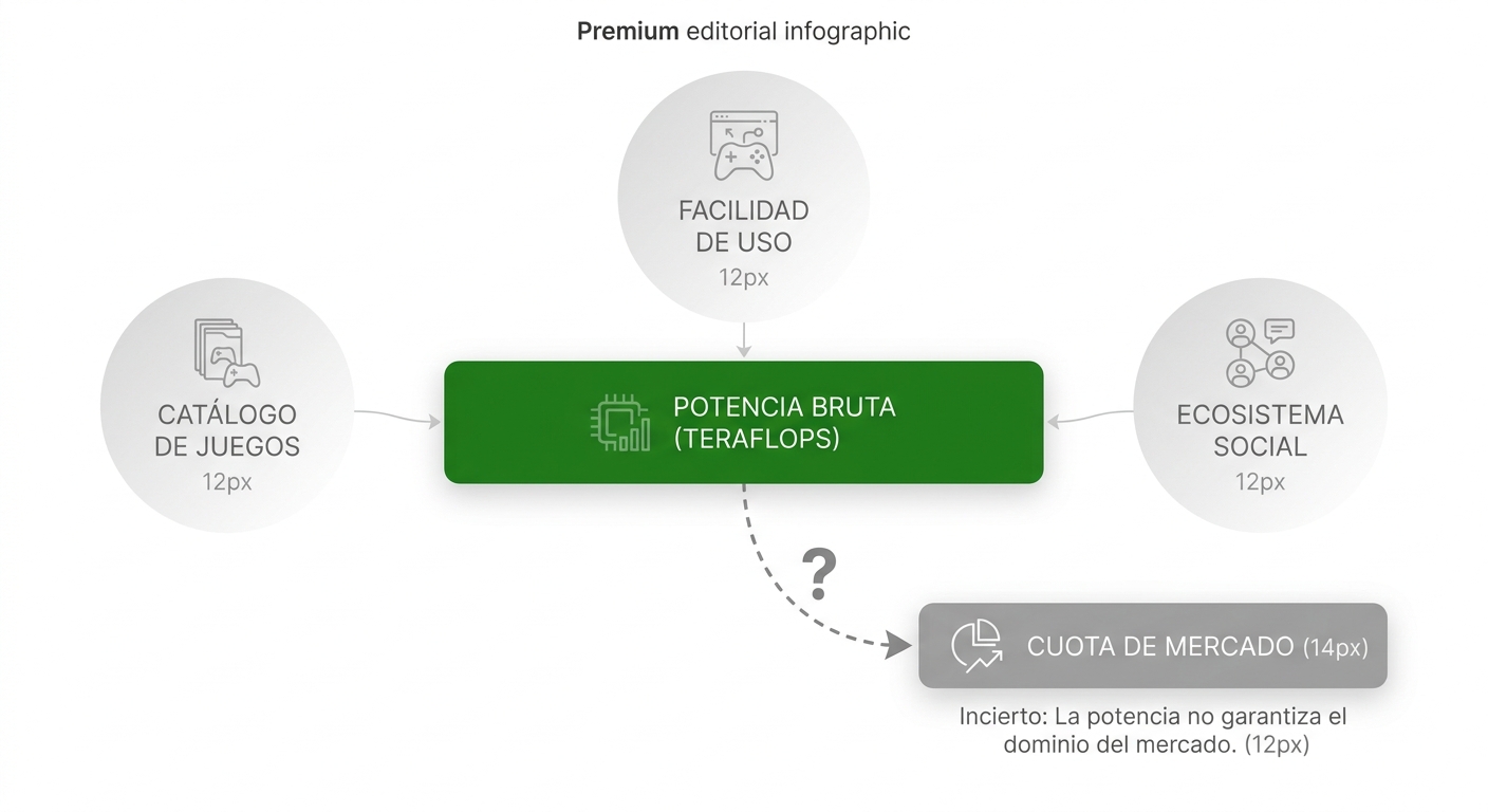Diagrama conceptual: potencia bruta vs factores de éxito en el mercado