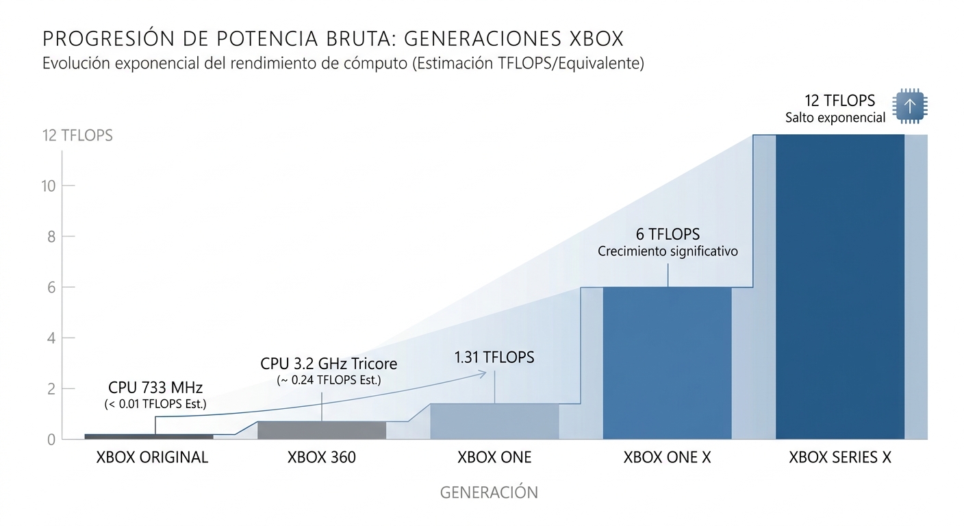 Infografía de evolución de potencia bruta en cada generación de Xbox