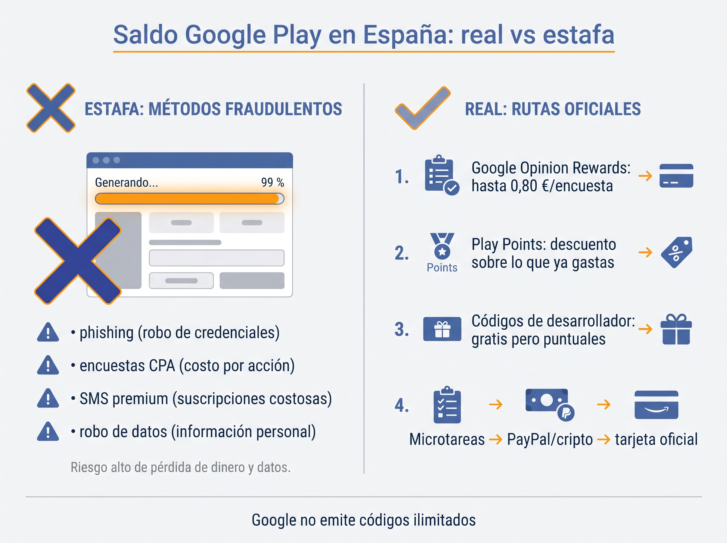 Infografía que contrasta los generadores falsos de códigos Google Play con cuatro vías reales de saldo en España.