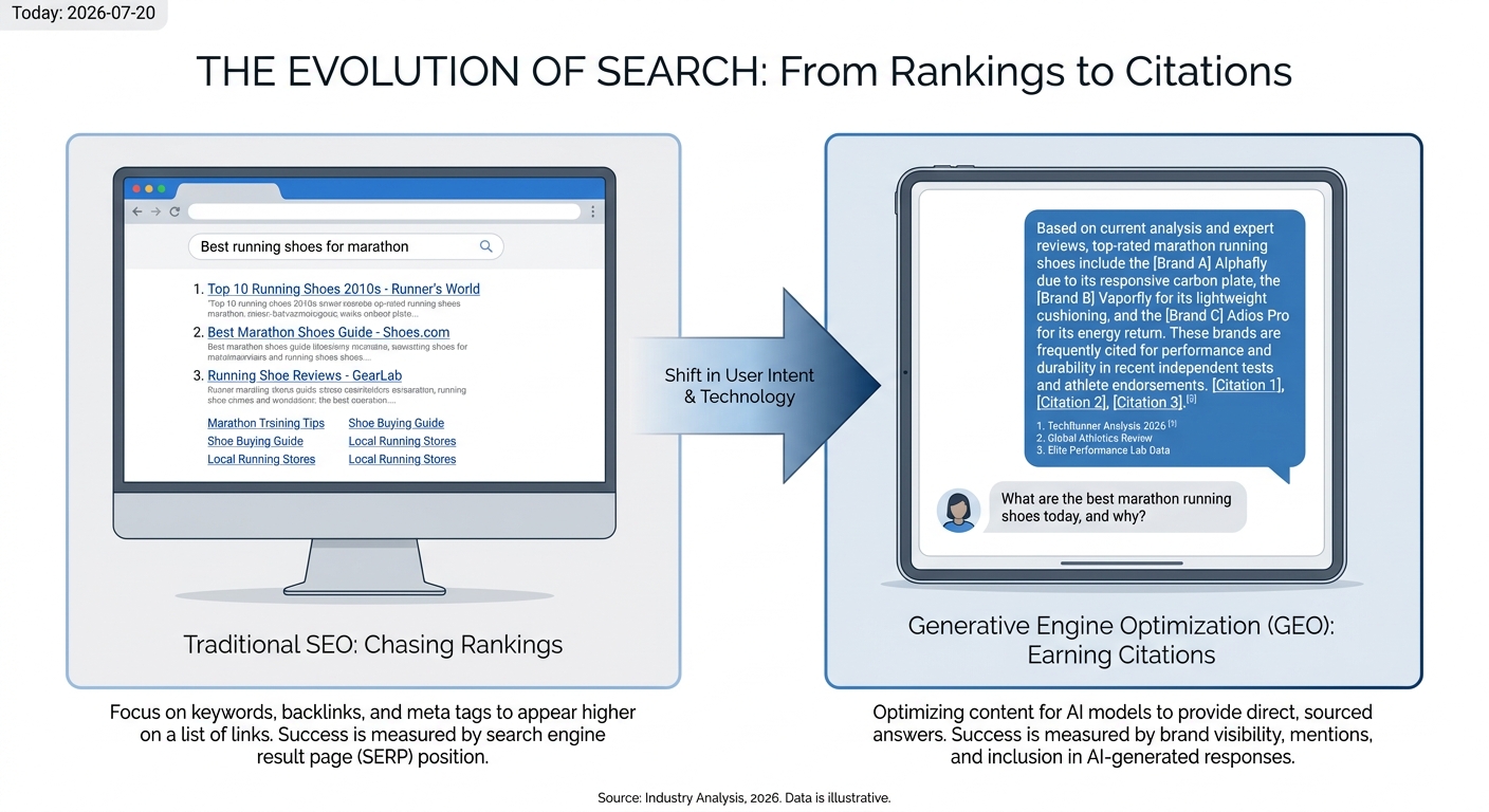 Infographic showing the shift from traditional SEO, focused on ranking in a list of links, to Generative Engine Optimization (GEO), focused on being cited in AI-generated answers.