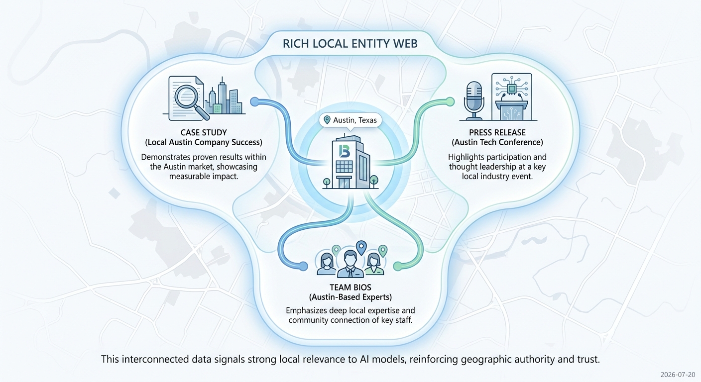 Illustration of a local GEO strategy, showing a business creating a web of interconnected local content like case studies and events to signal relevance to AI.