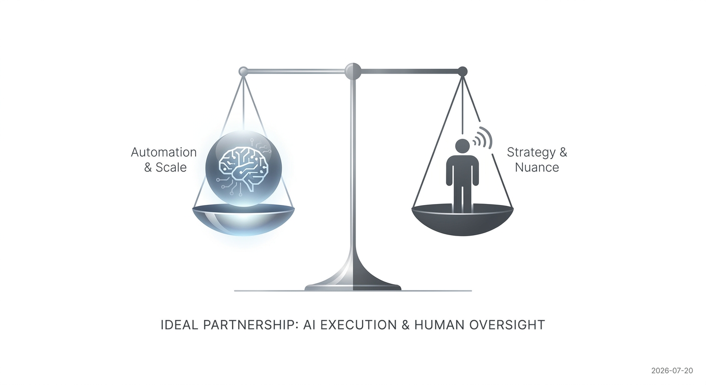 A balance scale with an AI brain on one side (Automation) and a human silhouette on the other (Strategy), representing the need for both.