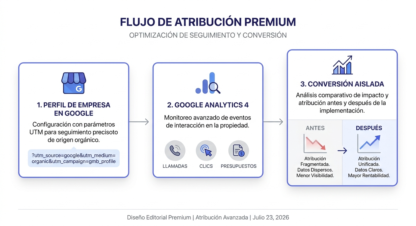 Diagrama de flujo: pipeline de atribución con UTM y GA4 para aislar tráfico reputacional
