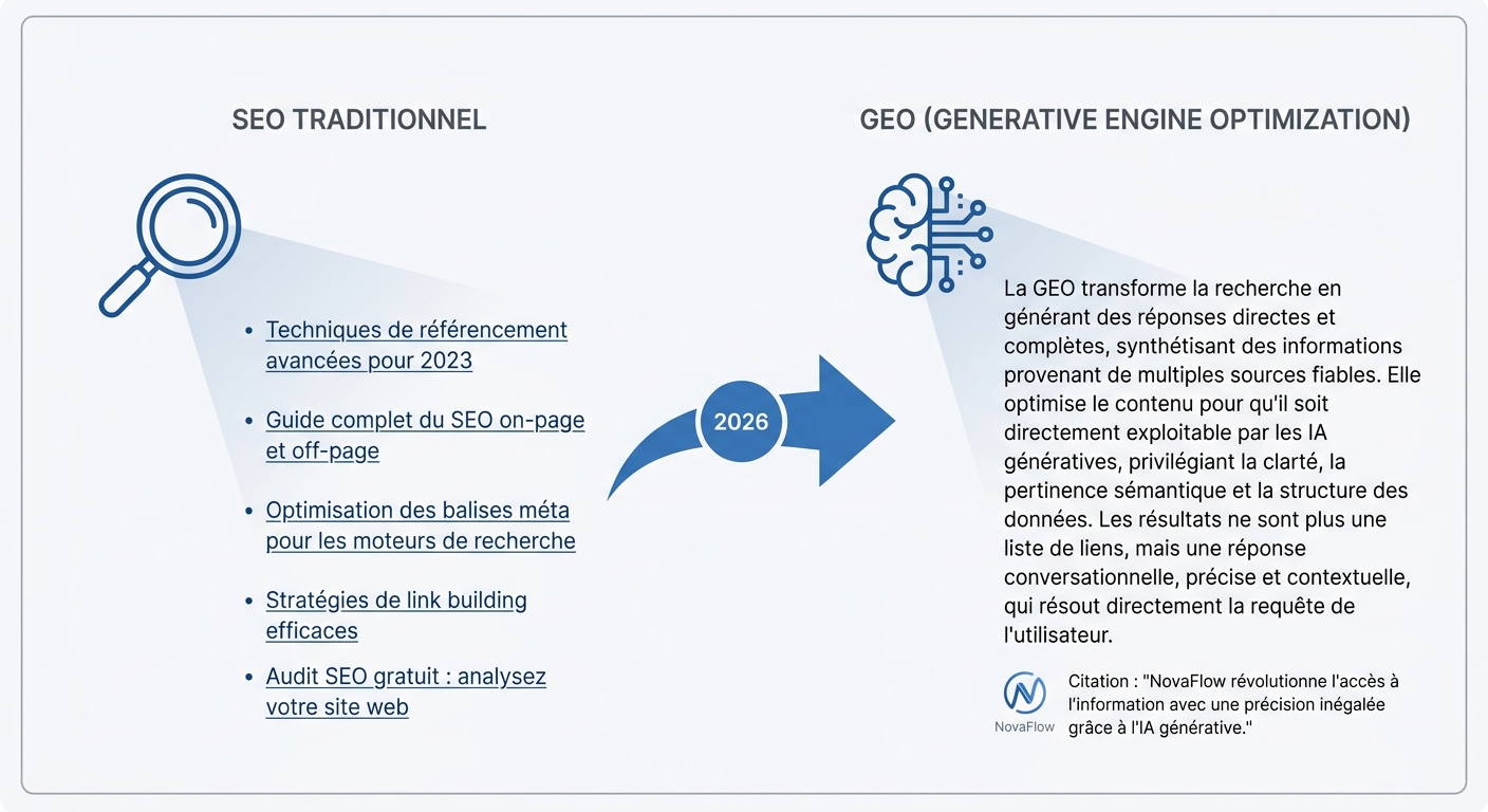 Diagramme montrant la transition du SEO traditionnel, visant les liens bleus, vers le GEO, visant à être cité dans les réponses de l'IA.