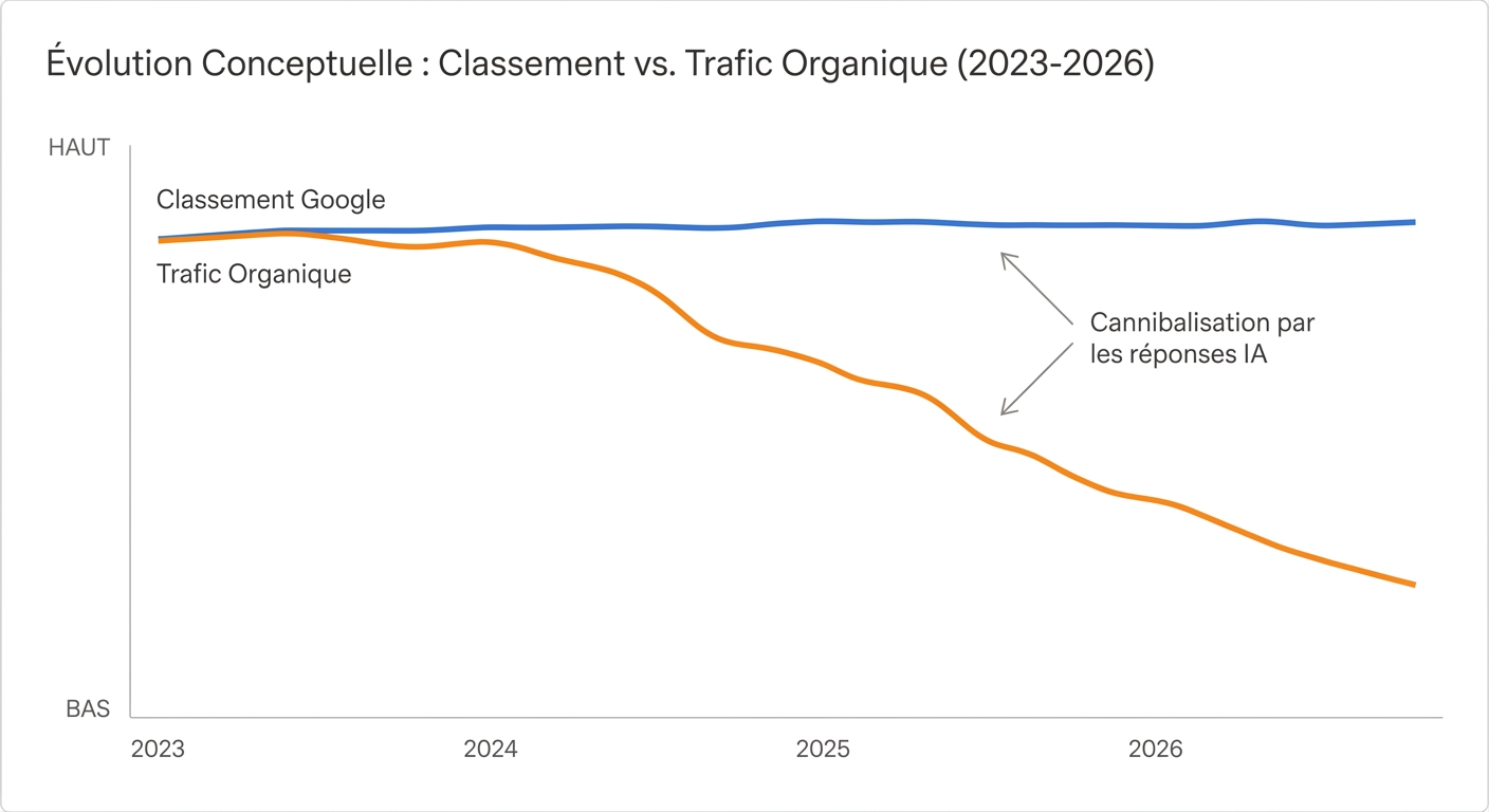 Graphique illustrant la divergence entre un classement Google stable et un trafic organique en baisse, due aux réponses des IA.