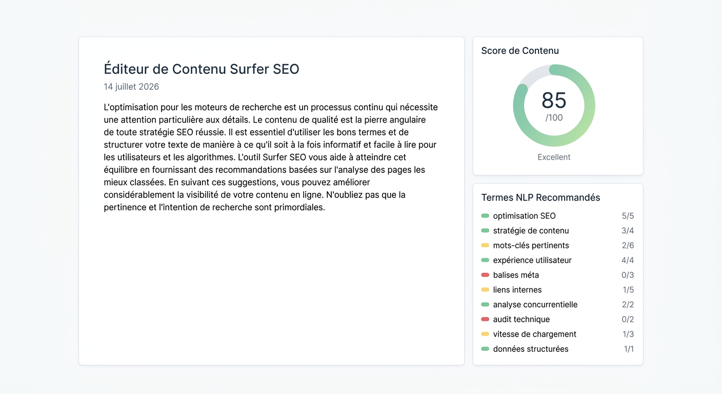 Interface schématique de Surfer SEO montrant le score de contenu et la liste des mots-clés NLP à intégrer.