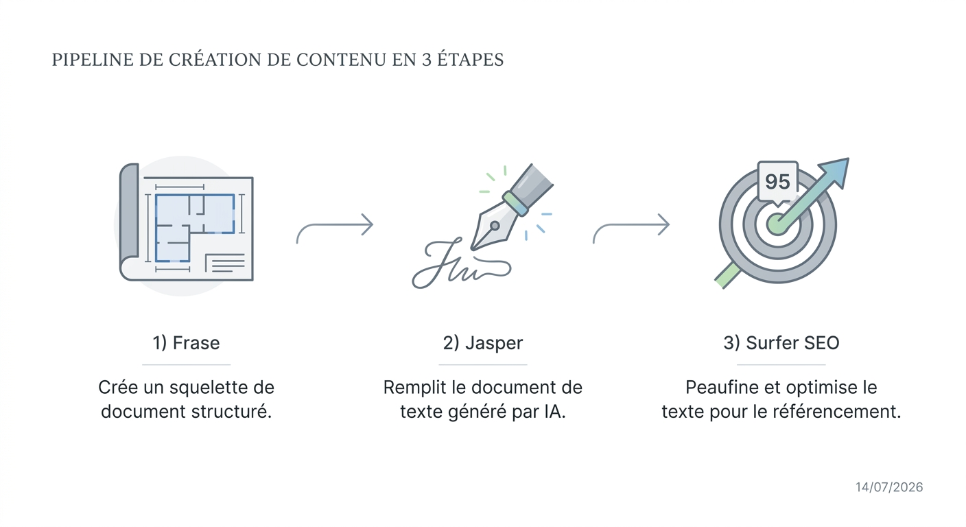 Pipeline de contenu montrant la complémentarité entre Frase, Jasper et Surfer SEO.