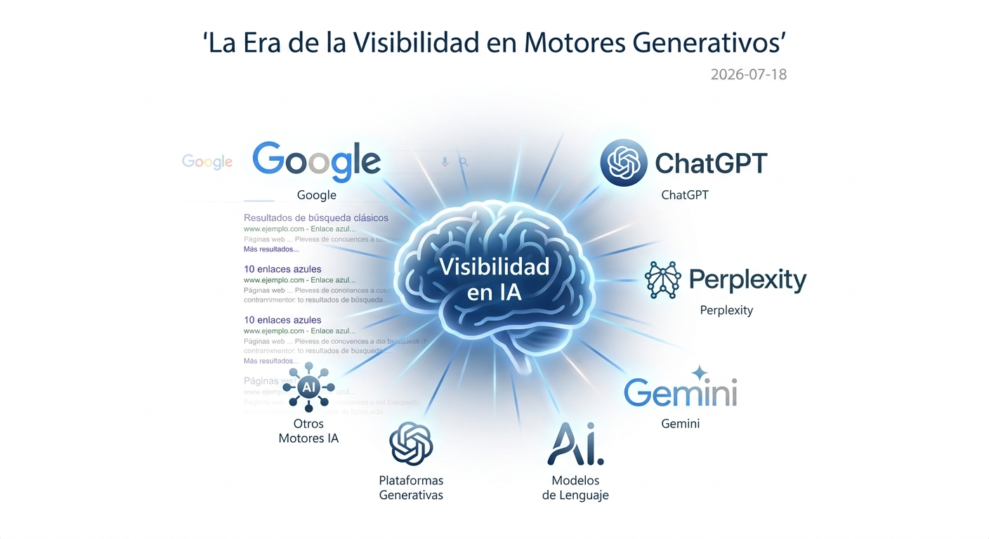Diagrama que muestra la evolución del SEO desde los resultados de Google hacia un ecosistema de visibilidad en múltiples motores de IA.