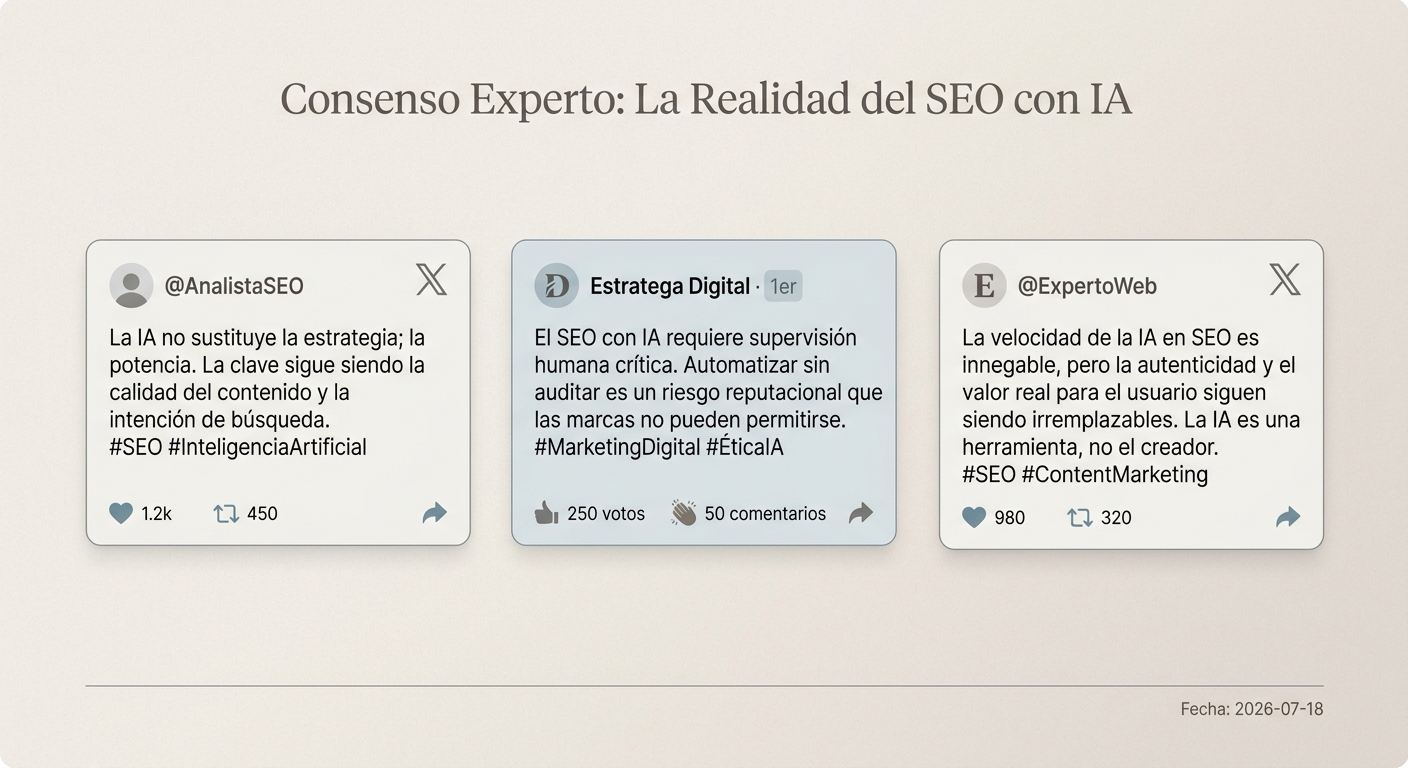 Recopilación de citas de expertos en SEO sobre la necesidad de combinar IA con supervisión humana y optimización.