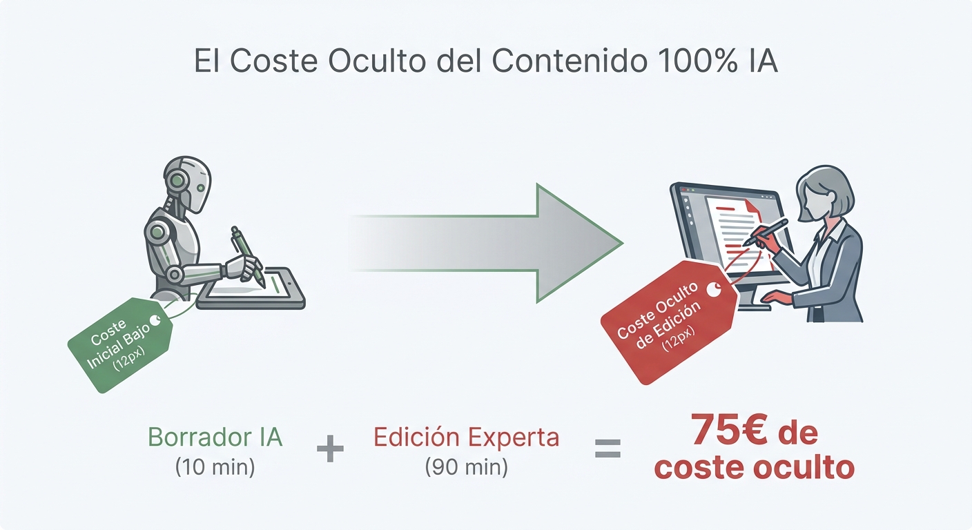 Diagrama que ilustra cómo el bajo coste inicial del contenido IA se ve contrarrestado por el alto coste de la edición humana necesaria.
