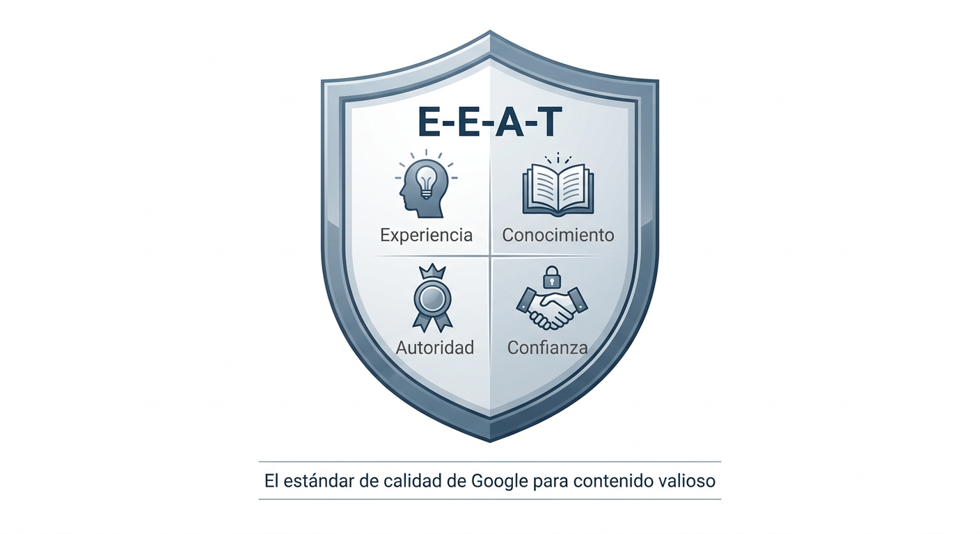 Diagrama explicando los cuatro componentes de E-E-A-T: Experiencia, Conocimiento, Autoridad y Confianza.