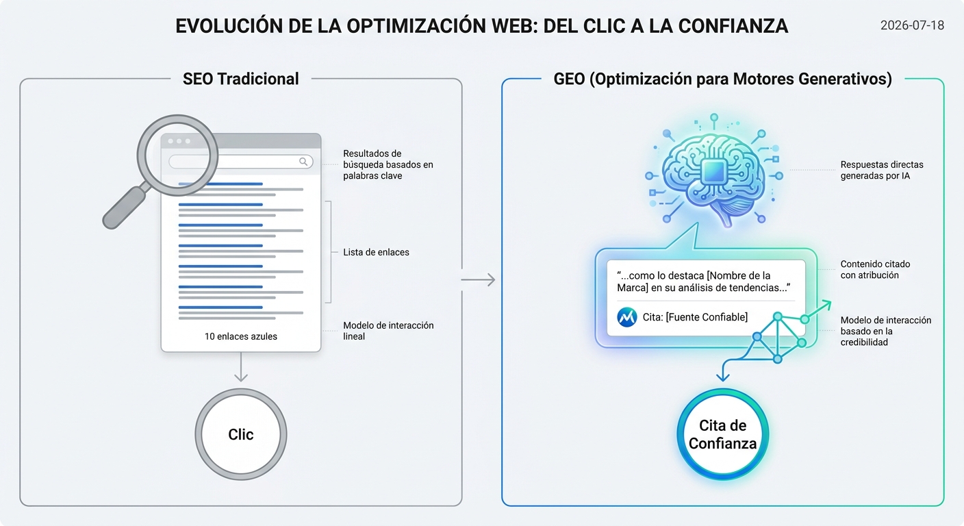 Comparación entre el SEO tradicional, enfocado en clics de Google, y el GEO, enfocado en ser la fuente citada en las respuestas de IA.