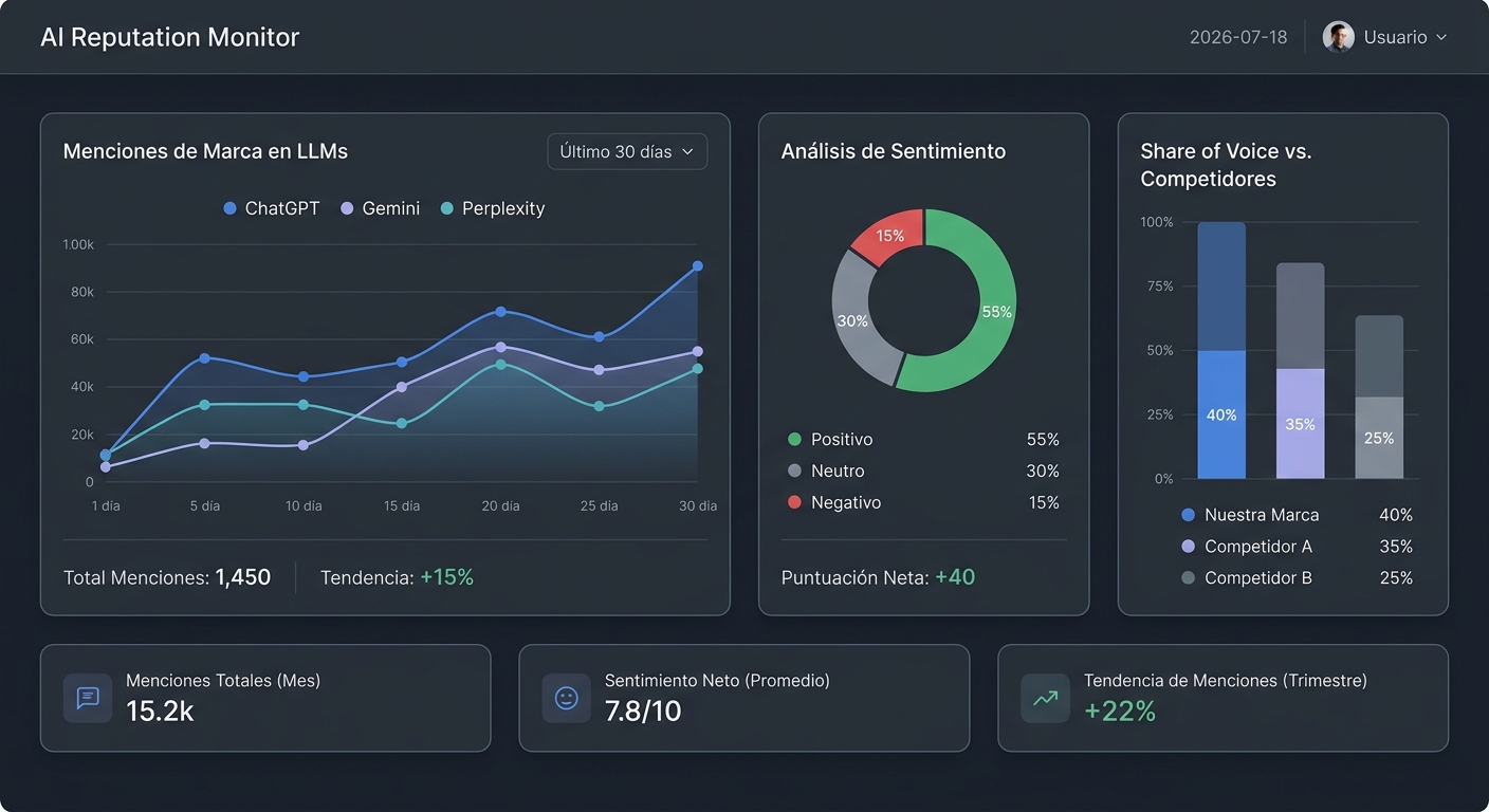 Dashboard de ejemplo para la gestión de la reputación de marca en motores de inteligencia artificial.
