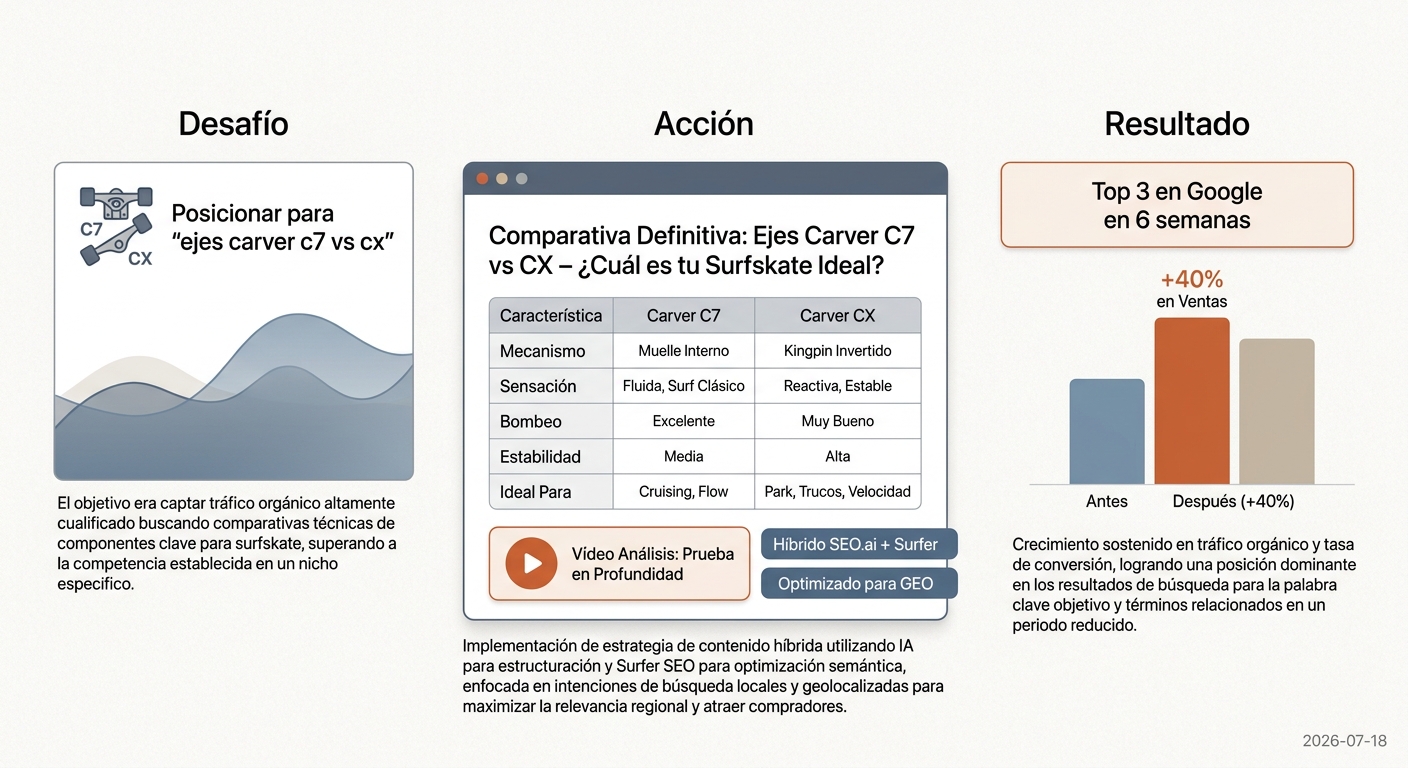 Resumen visual del caso de estudio del e-commerce de surfskate, detallando el proceso y el aumento de ventas.