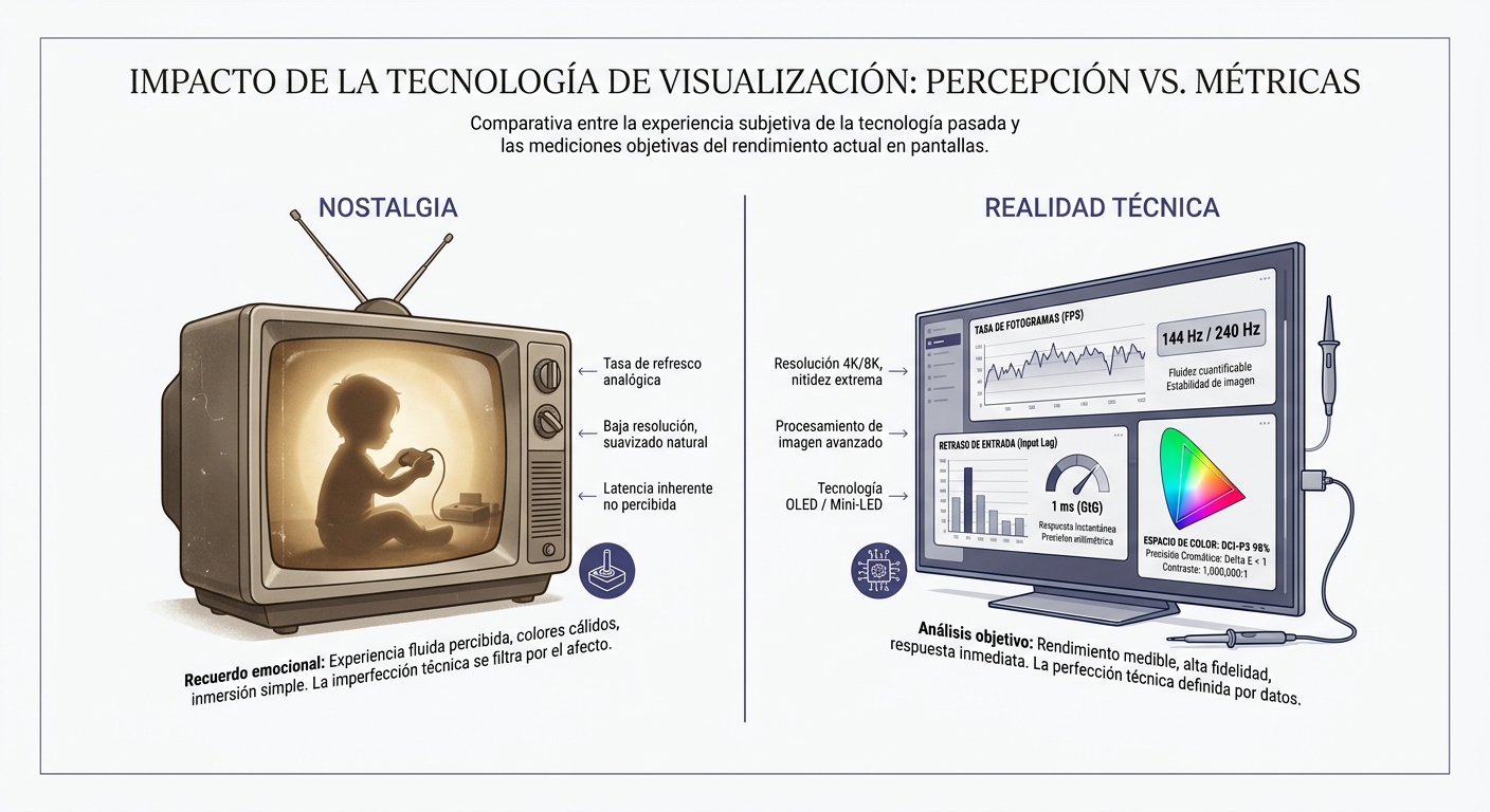 Infografía comparativa entre nostalgia y realidad técnica en juegos clásicos