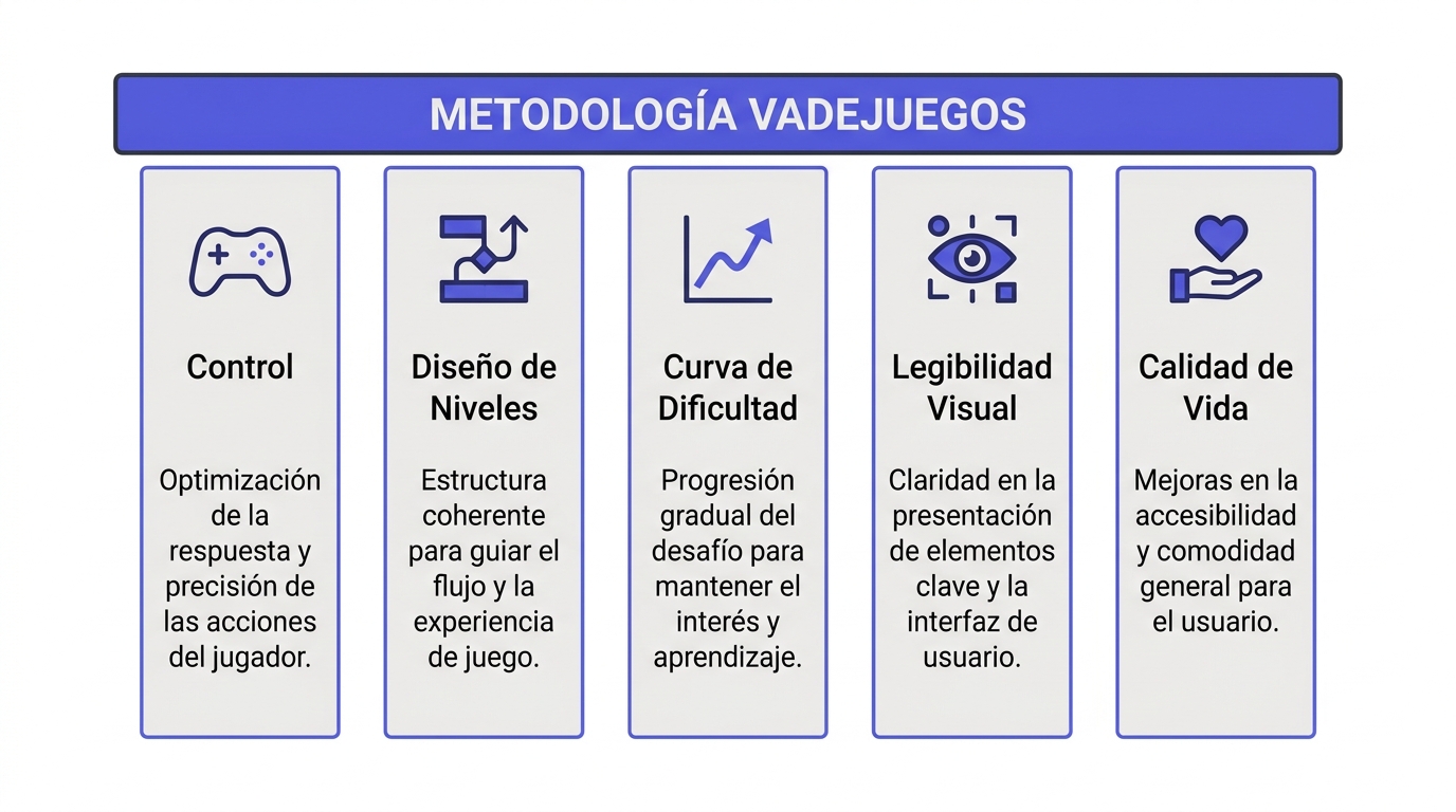 Diagrama de los cinco pilares de la metodología de evaluación de Vadejuegos