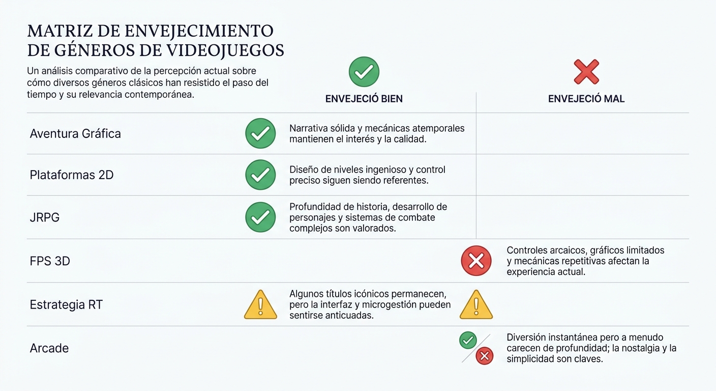 Matriz de envejecimiento por género de juegos clásicos