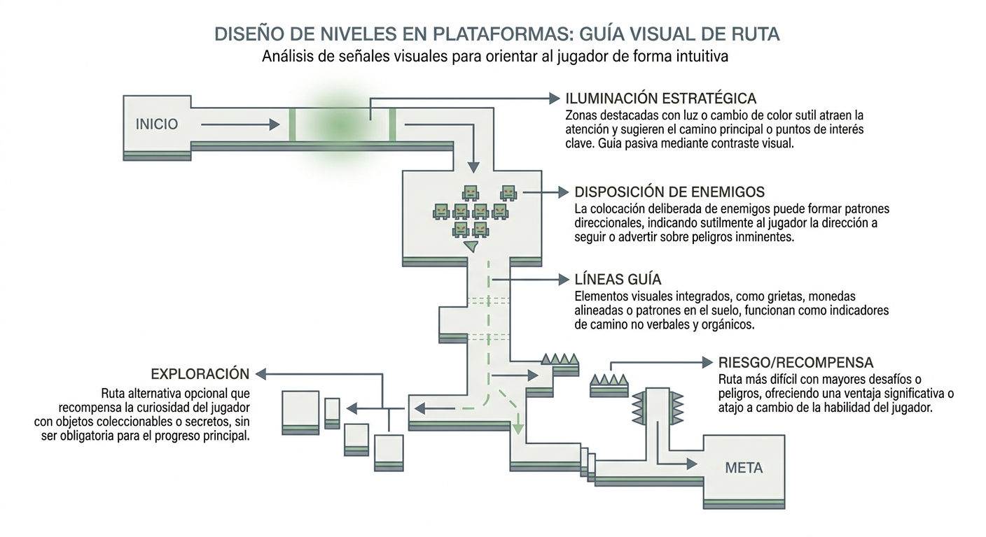 Infografía de diseño de niveles en juegos clásicos con señalización visual