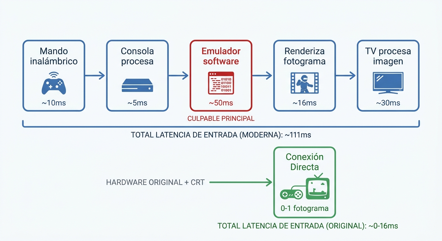 Cadena de latencia: input lag en emulación moderna vs hardware original