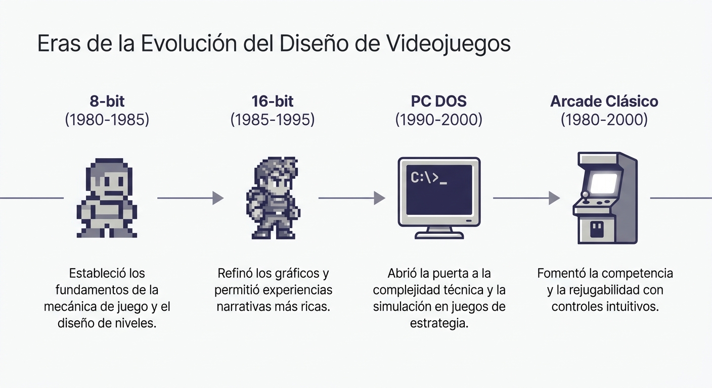 Línea de tiempo de las eras de 8 bits, 16 bits, PC DOS y arcade clásico