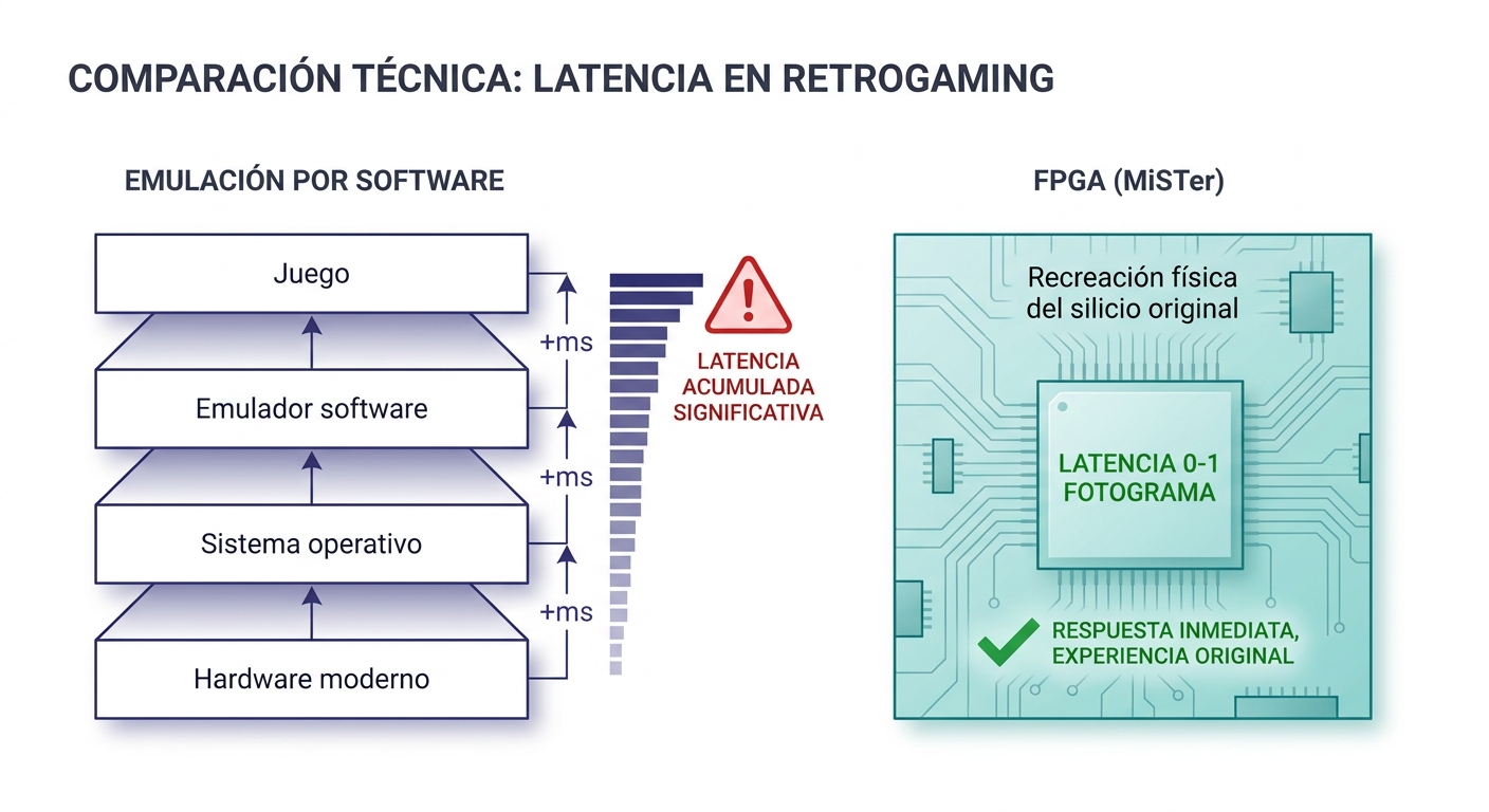 Diagrama técnico: emulación software vs FPGA MiSTer