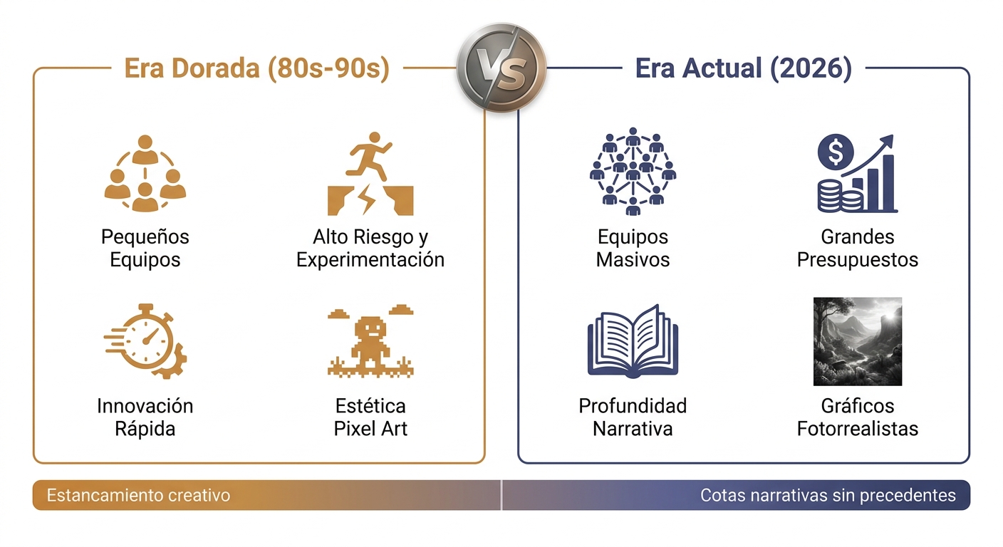 Comparativa entre la era dorada y la era actual del desarrollo de videojuegos