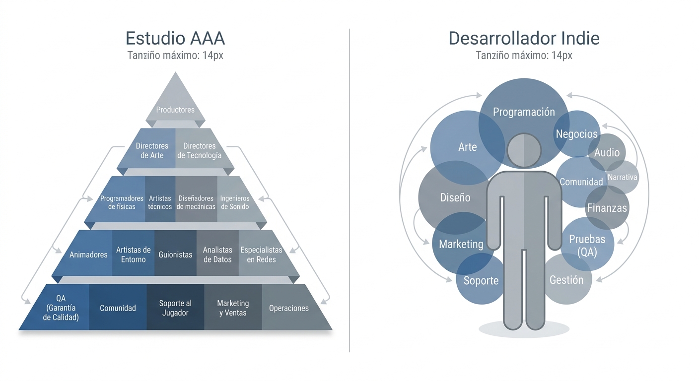 Comparativa de estructura entre estudio AAA y desarrollador indie