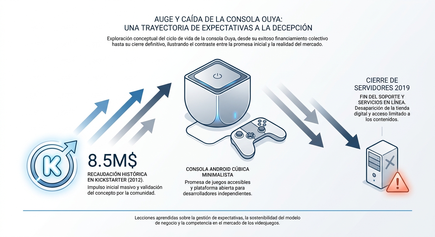 Infografía conceptual sobre el auge y caída de la consola Ouya.