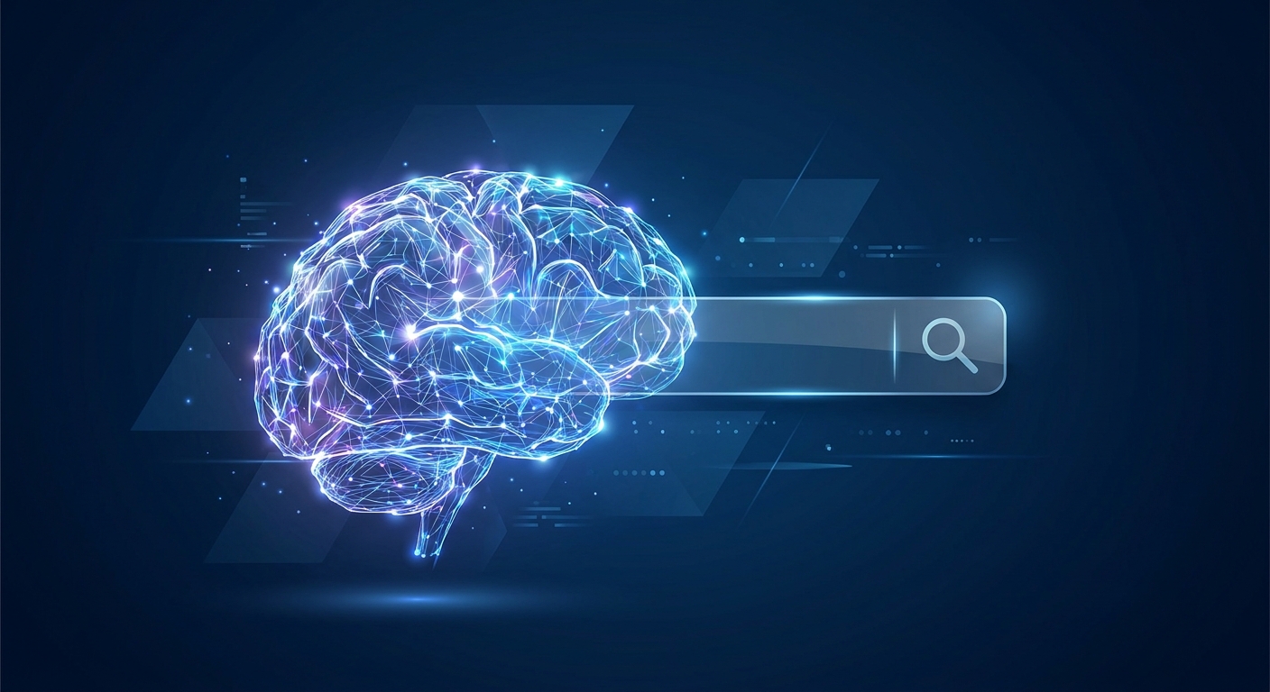 An abstract illustration of an AI brain merging with a search bar, representing the integration of LLMs in modern search engines.
