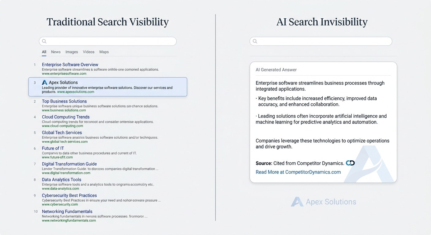 A comparison showing a brand visible on a traditional search results page but completely invisible in an AI-generated answer, where a competitor is cited instead.