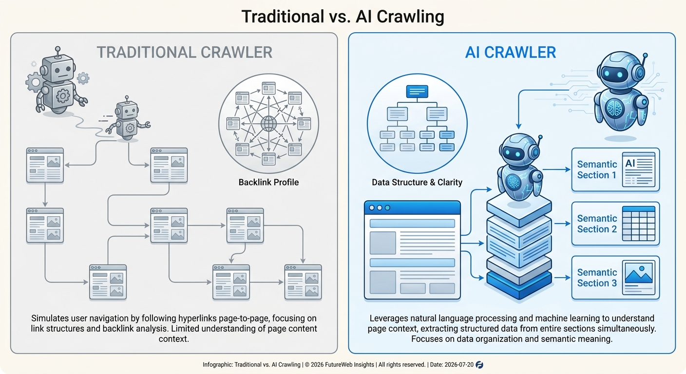 Comparison showing a traditional crawler following hyperlinks versus an AI crawler parsing well-structured semantic chunks of content.