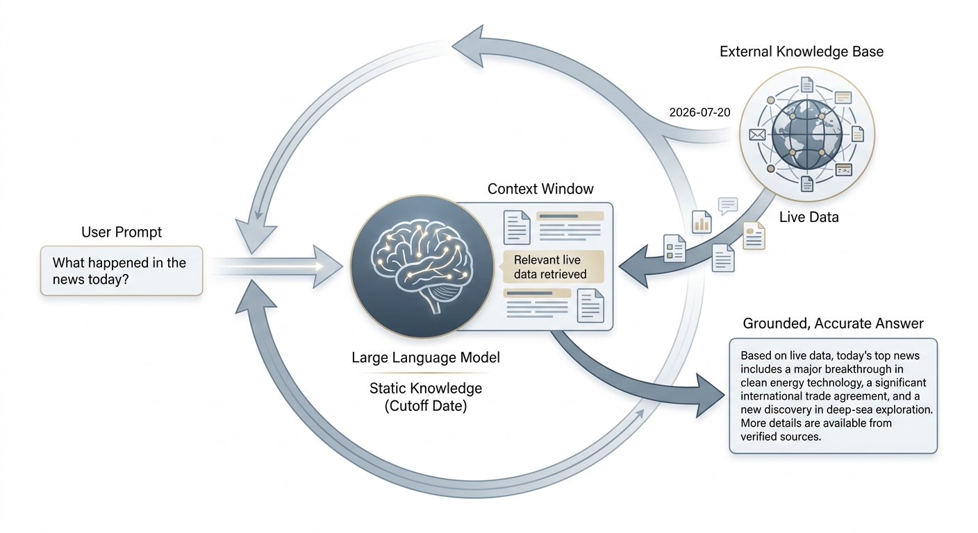 A diagram showing the RAG process: a user query retrieves live data from an external source, which is then fed to a static LLM to generate an accurate, current answer.