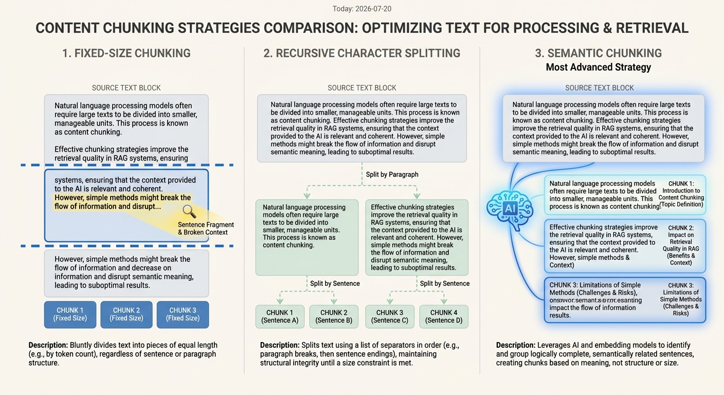 A comparison of three content chunking methods: fixed-size, recursive splitting, and advanced semantic chunking.