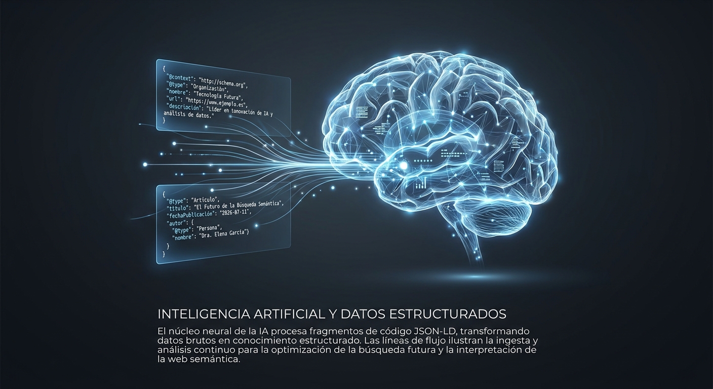 Una inteligencia artificial analizando código de Schema Markup, representando el concepto de Answer Engine Optimization (AEO).