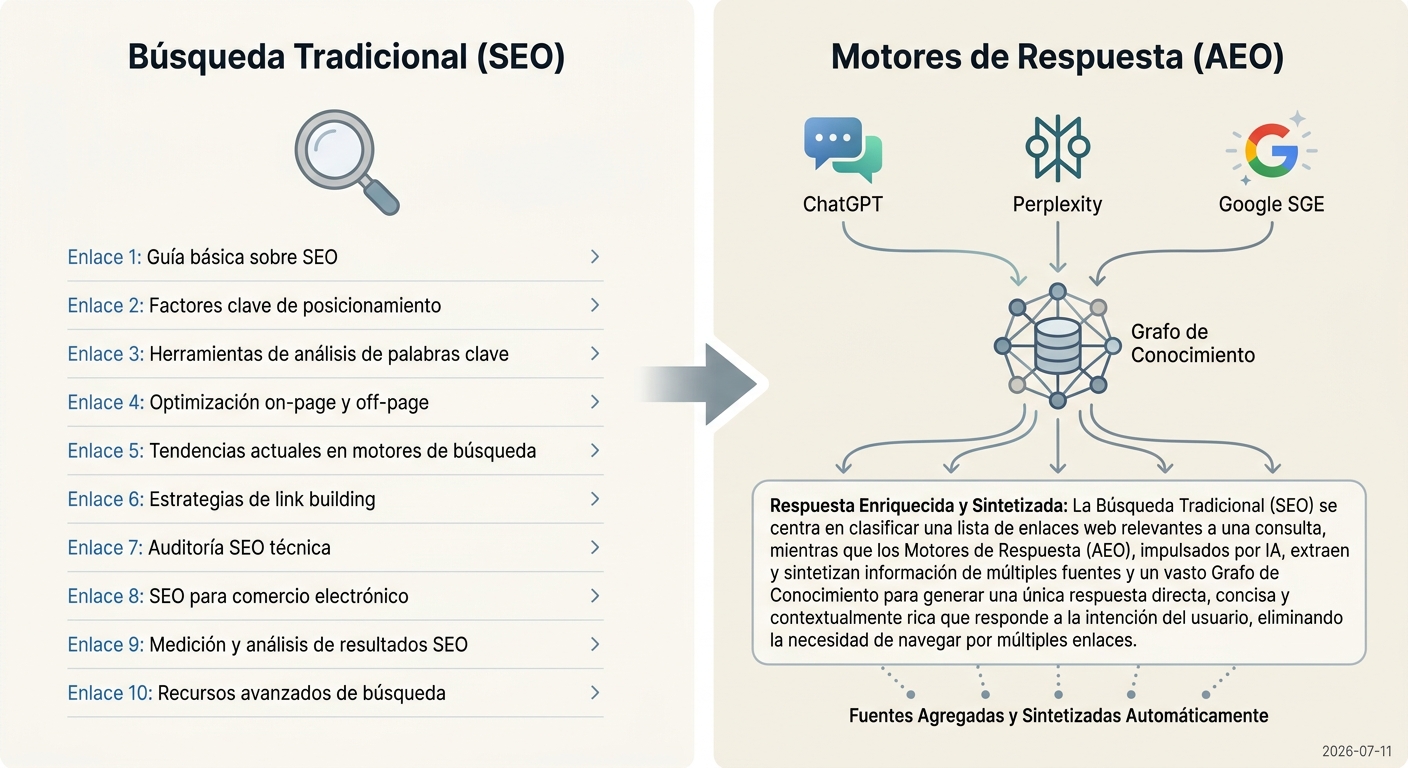 Diagrama que compara el SEO tradicional, basado en listas de enlaces, con el AEO, enfocado en alimentar motores de respuesta de IA.