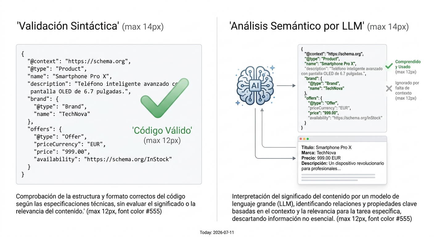 Comparación entre la validación sintáctica de código y el análisis semántico que realiza una IA, que puede ignorar datos si no hay contexto.