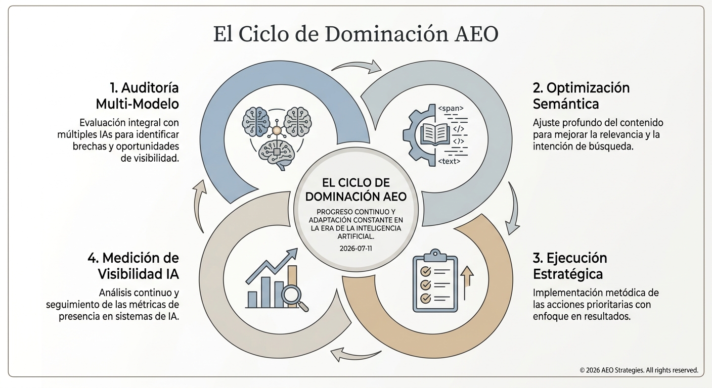El ciclo de Answer Engine Optimization: un proceso continuo de auditoría, optimización, ejecución y medición para dominar la visibilidad en IA.