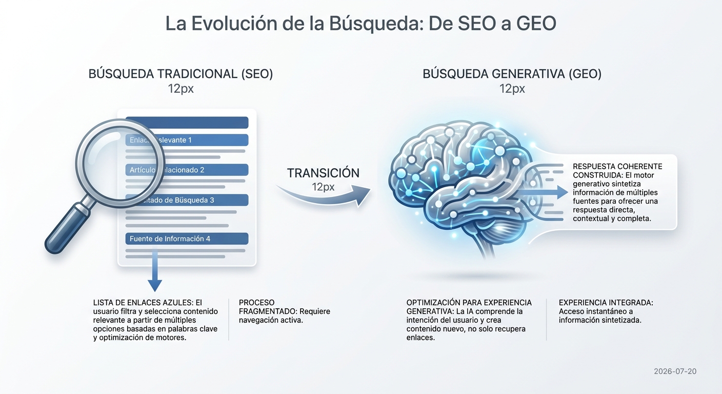 Diagrama que muestra la evolución de la búsqueda de SEO, con una lupa y enlaces, a GEO, con un cerebro de IA generando una respuesta.