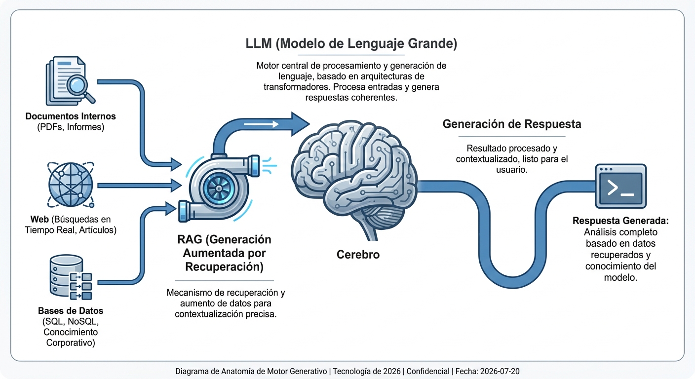 Infografía que muestra el LLM como un cerebro y el RAG como un turbo que le suministra información externa.