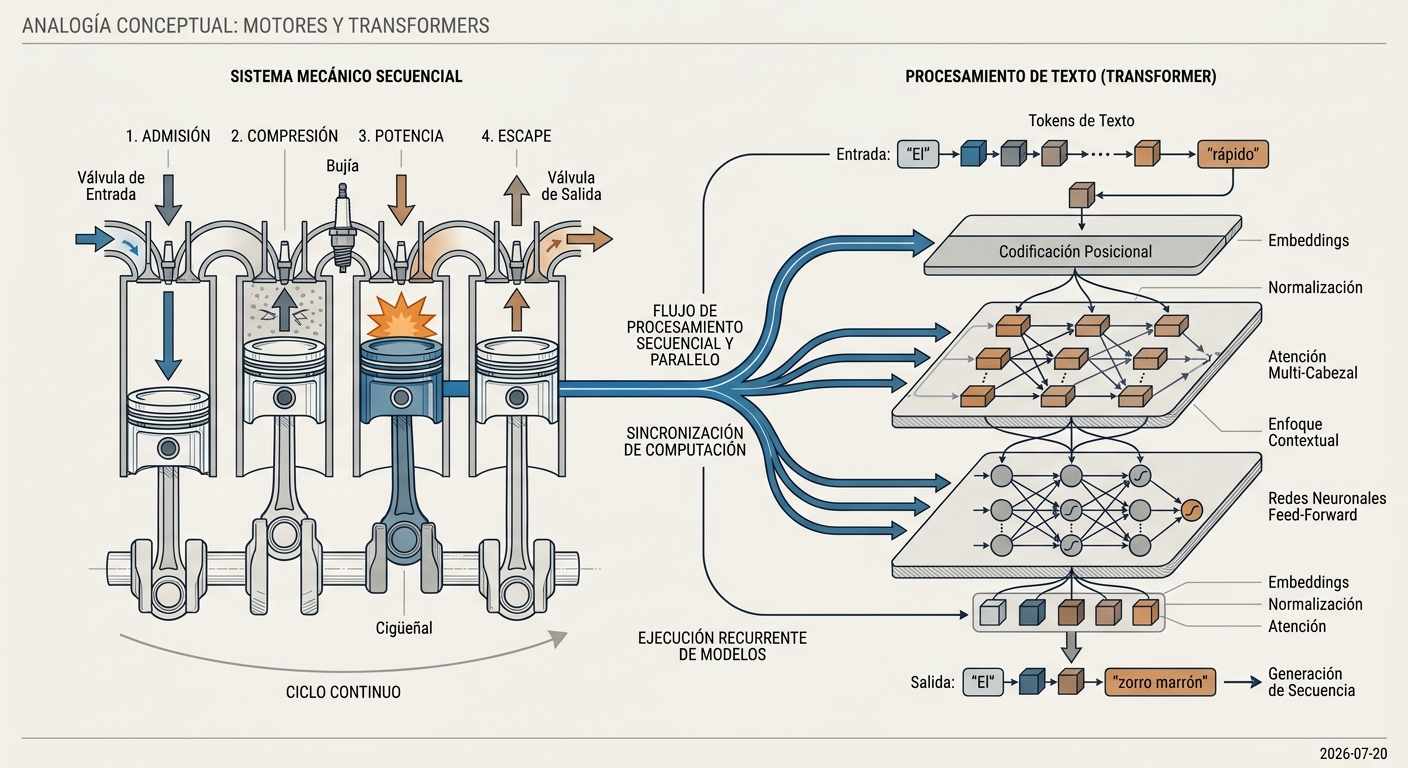 Analogía visual comparando el funcionamiento de los pistones de un motor con el procesamiento secuencial de tokens por la arquitectura Transformer.