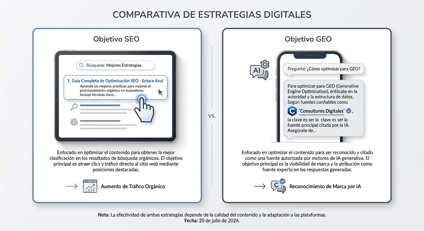 Comparación entre el objetivo de SEO (un clic) y el objetivo de GEO (una citación de marca en una respuesta de IA).