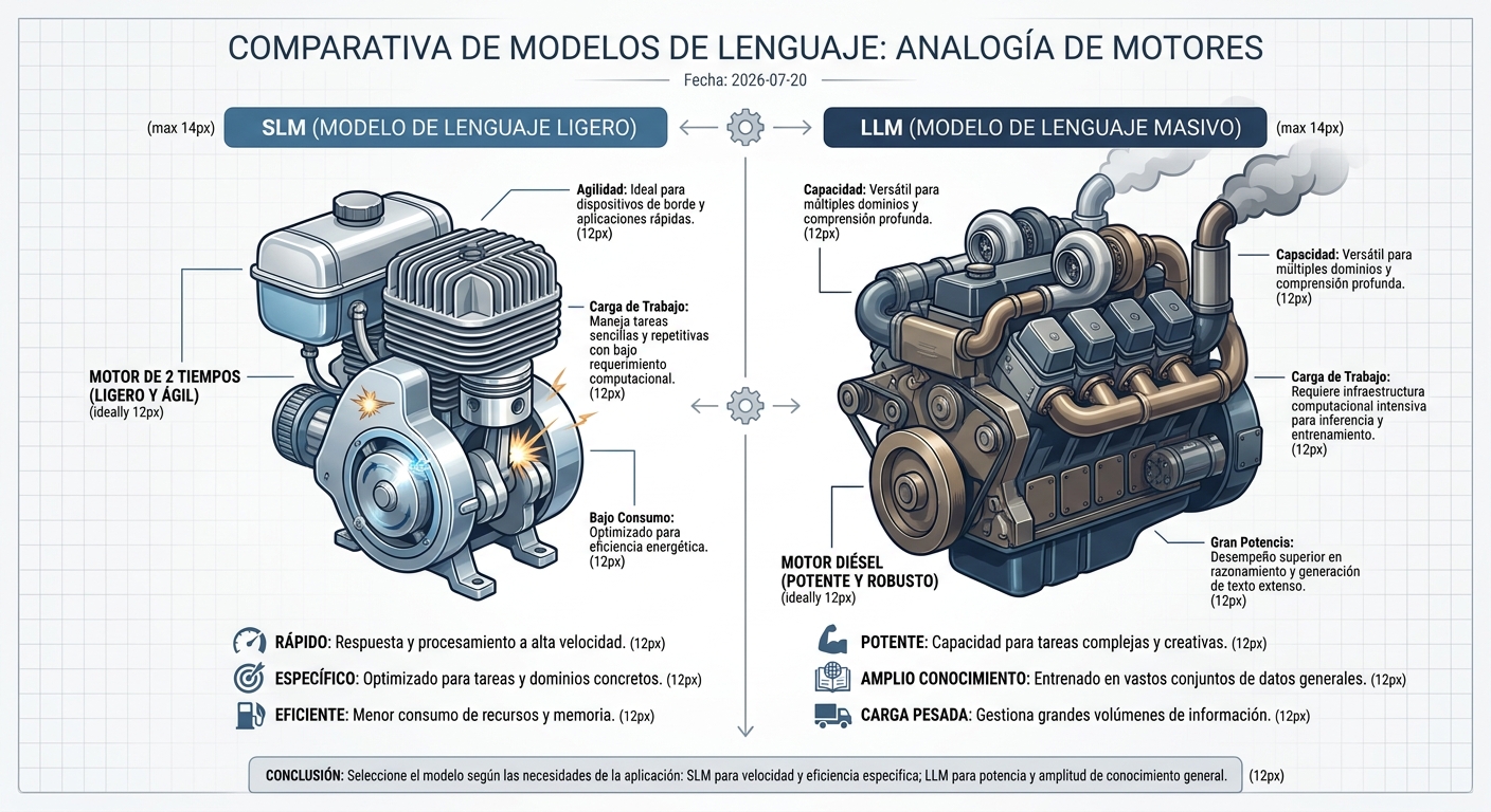 Comparación entre SLMs, representados como un motor de 2 tiempos, y LLMs, representados como un motor diésel.