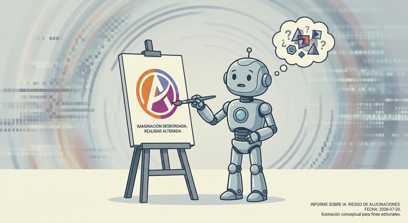 Un robot de IA pintando incorrectamente el logo de una marca, ilustrando el concepto de alucinaciones de la IA.