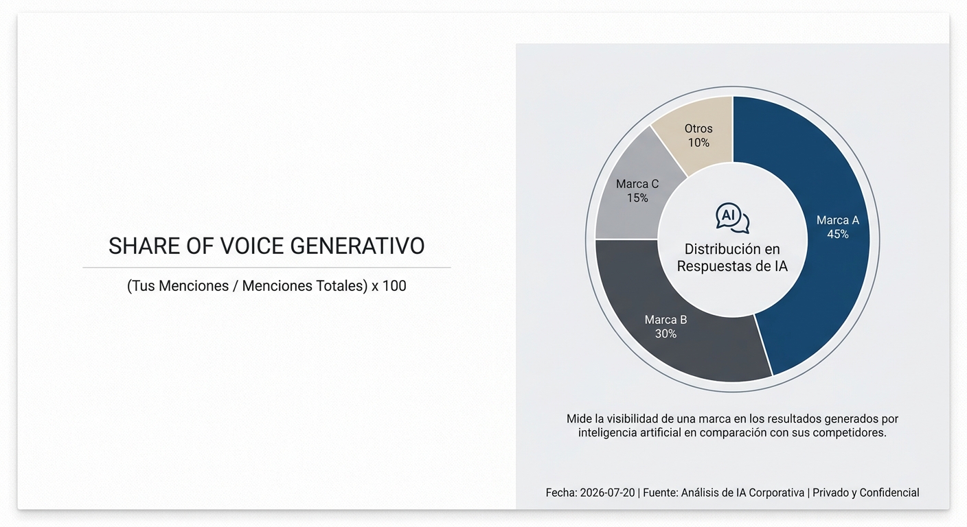Fórmula y ejemplo visual del Share of Voice Generativo, mostrando la cuota de menciones de una marca en las respuestas de IA.