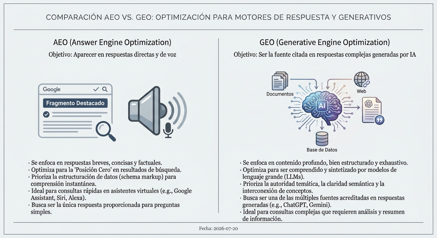 Diagrama que compara AEO, centrado en fragmentos destacados, con GEO, centrado en la síntesis de IA a partir de múltiples fuentes.