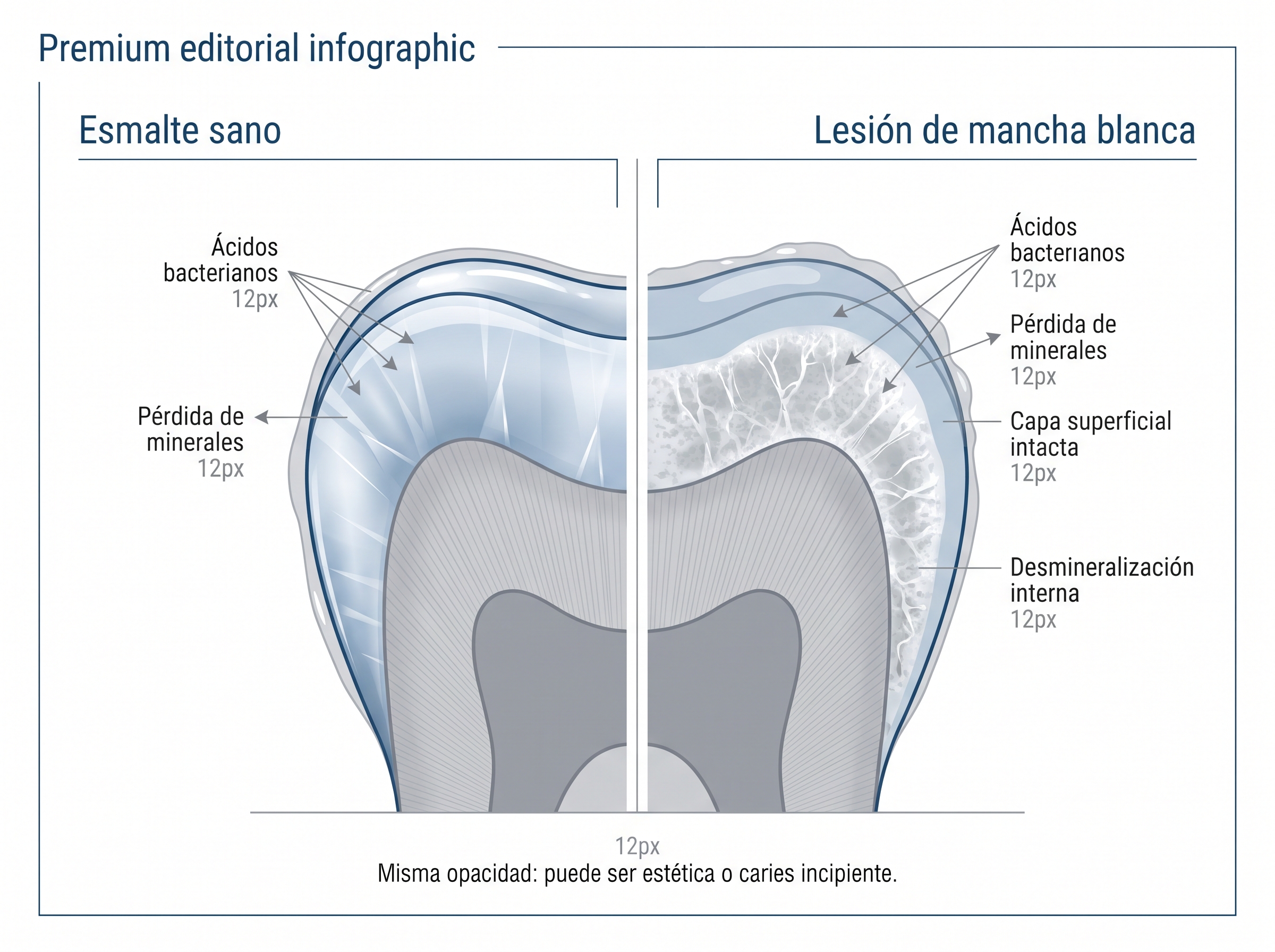 Corte transversal del esmalte que compara diente sano con mancha blanca por desmineralización interna y superficie intacta.