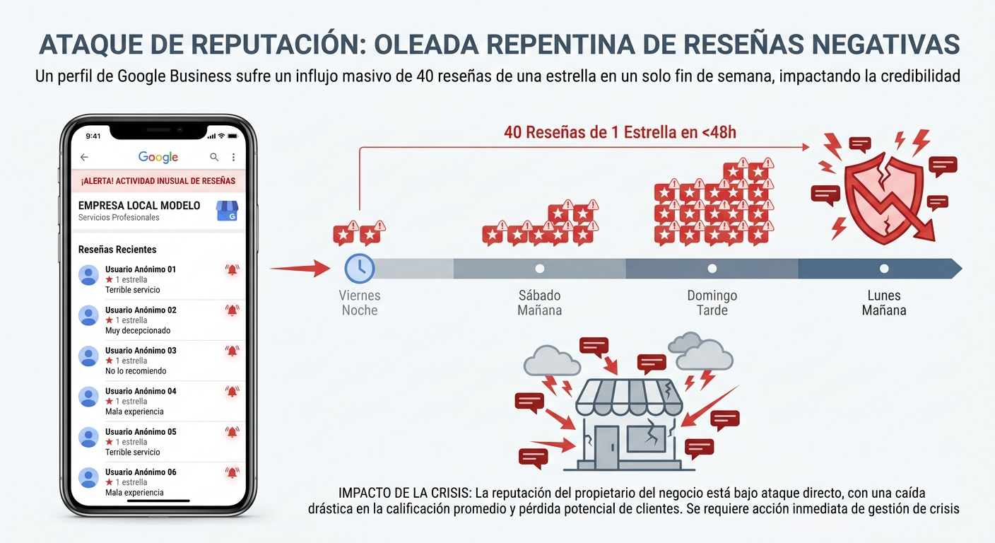 Infografía de un ataque coordinado de 40 reseñas de una estrella durante un fin de semana.