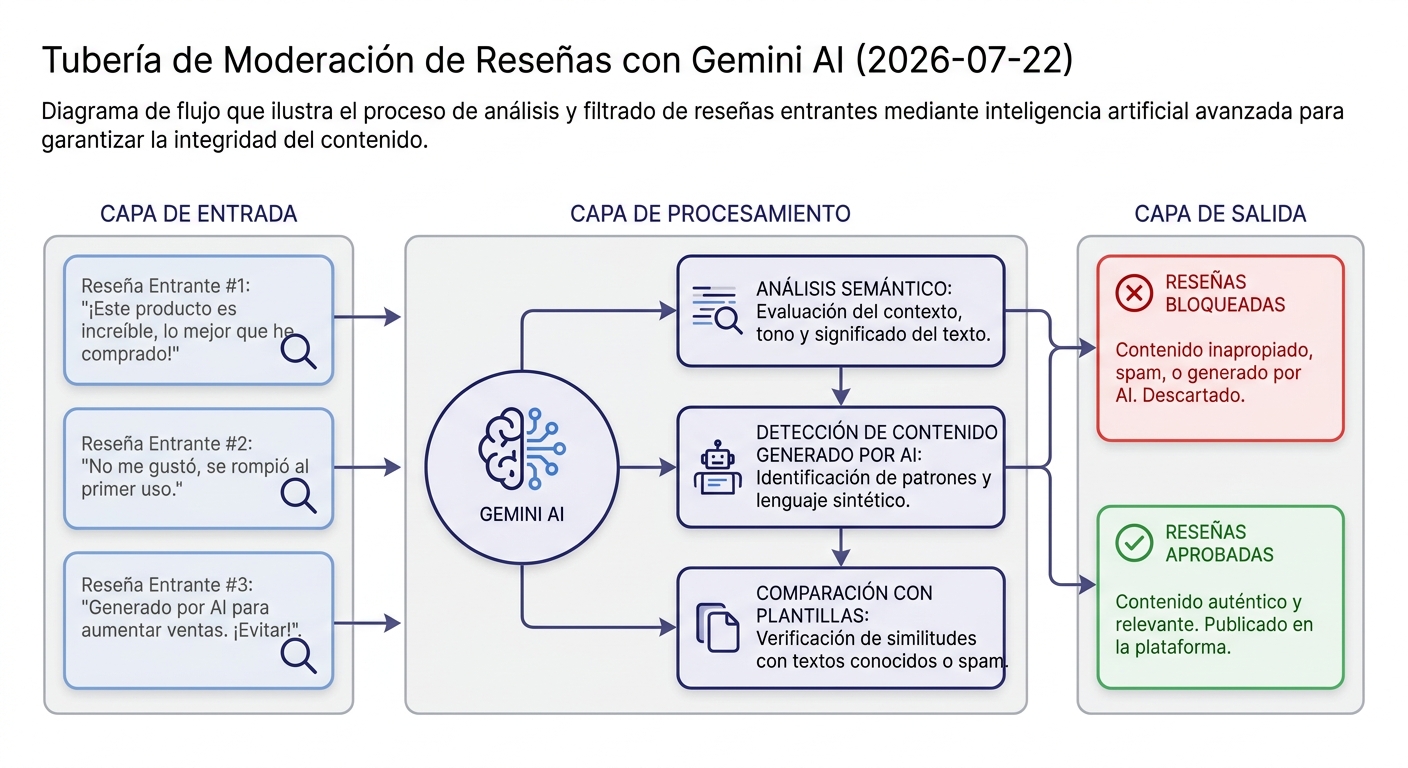 Infografía del pipeline de Gemini analizando reseñas para detectar contenido artificial.